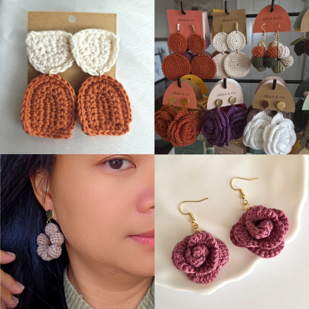 A woman and crochet earrings with a sets of earring displayed in an earring rack