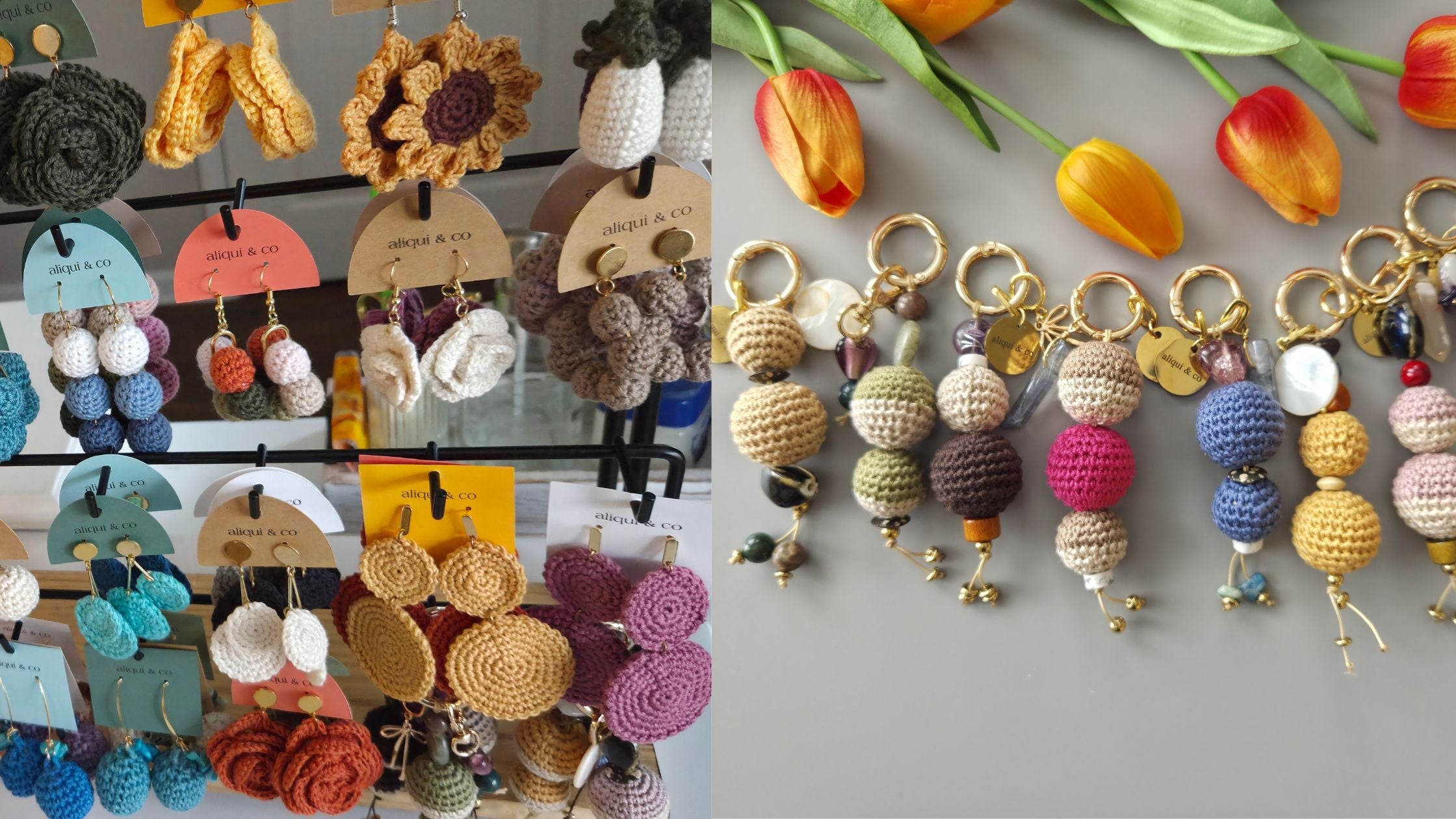 Sets handmade crochet earrings and keychains
