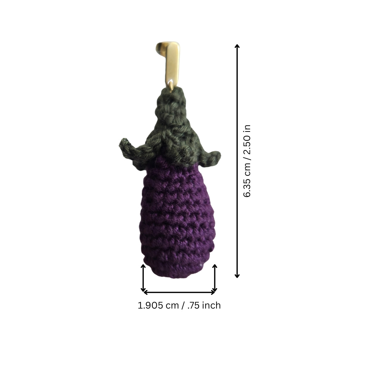 Crocheted purple and green eggplant earrings with measurements on a white background