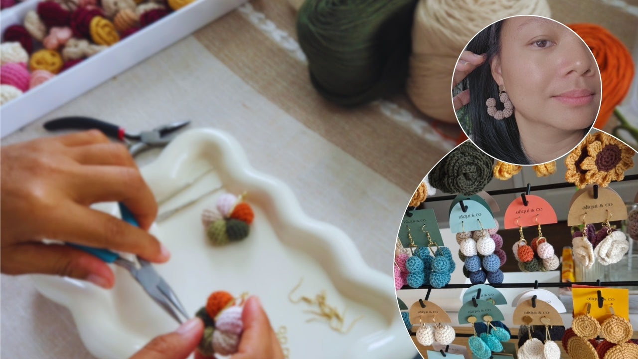 Woman with neutral crochet earrings and a hands making earrings on the background
