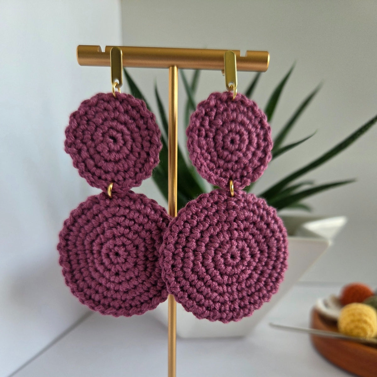 Double circle handmade crochet earring in dusty pink with 24k gold-plated studs earring for women