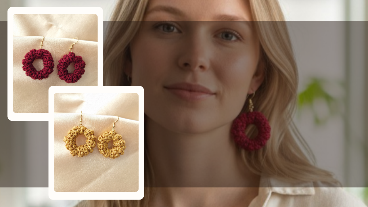 Woman wearing red crochet hoop earrings with close-up insets of earrings on a beige surface.