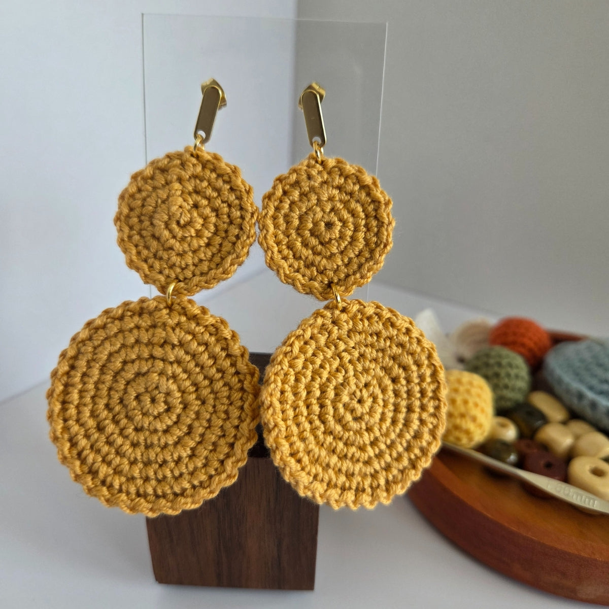 Earth-tone yellow crochet earring and hypoallergenic earring for women