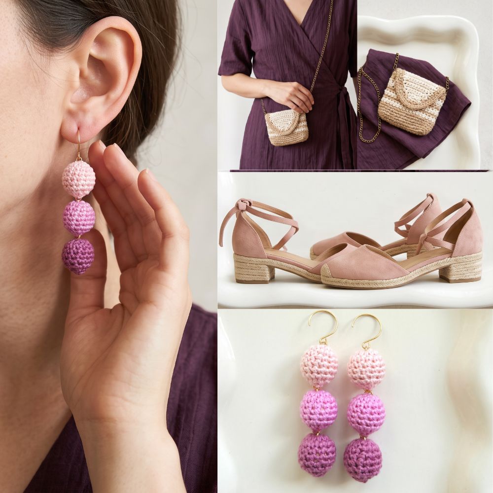 A collage showing a pair of handmade crochet dangle earrings in pink and purple, worn by a model, styled in a purple dress with a woven bag, paired with blush pink espadrille sandals, and shown as a standalone product shot.