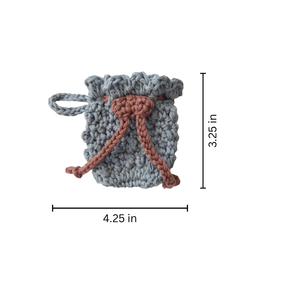 crochet earbud drawstring pouch with dimensions on a white background