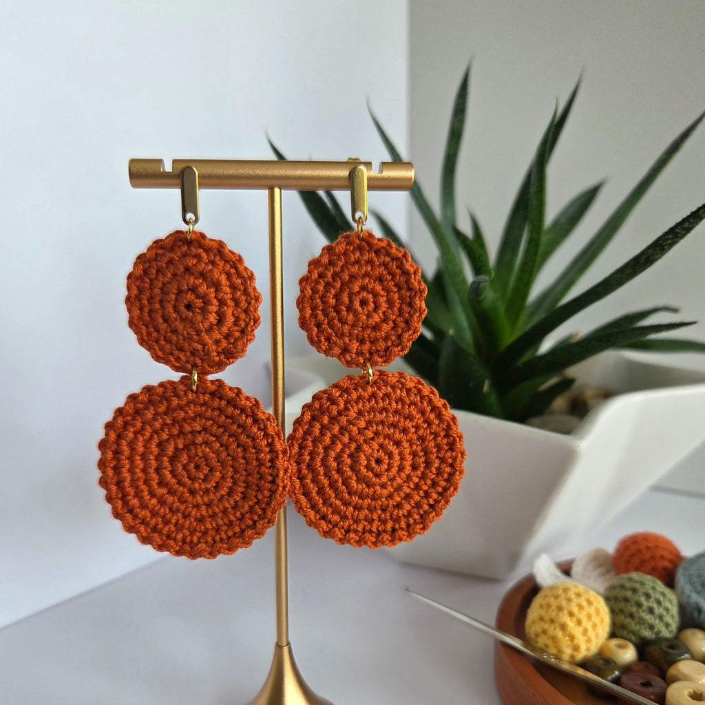 Ginger orange boho handmade crochet earring double circle with gold-plated studs for gifting