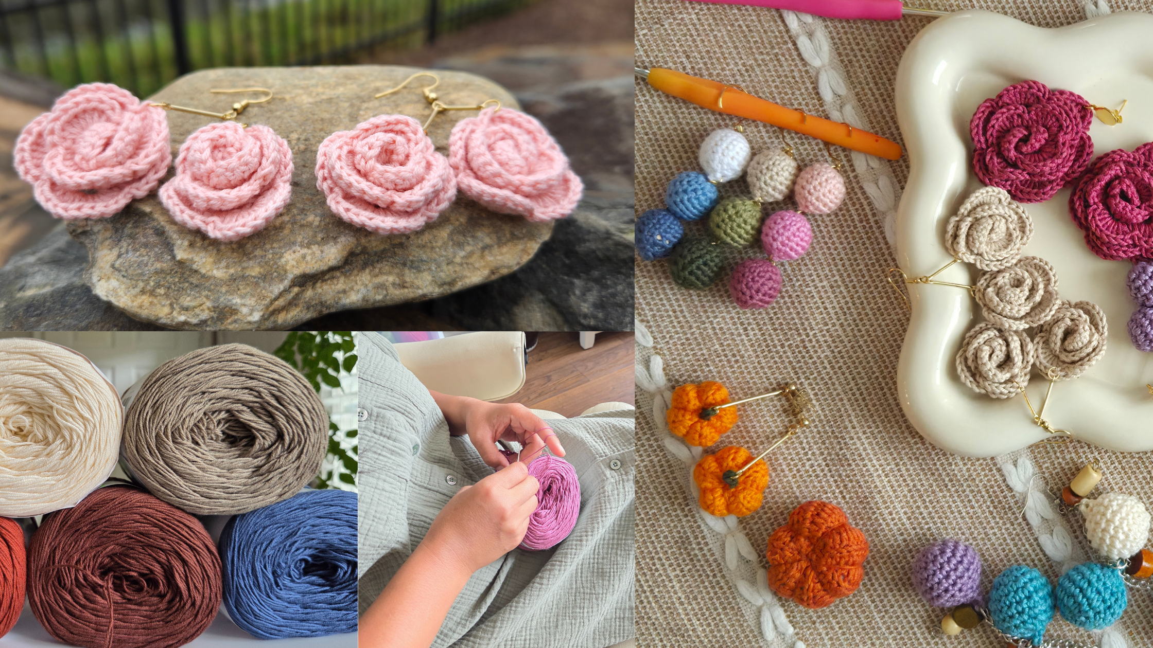 Collage of crochet flowers, yarn rolls, and a mold with floral shapes earrings.