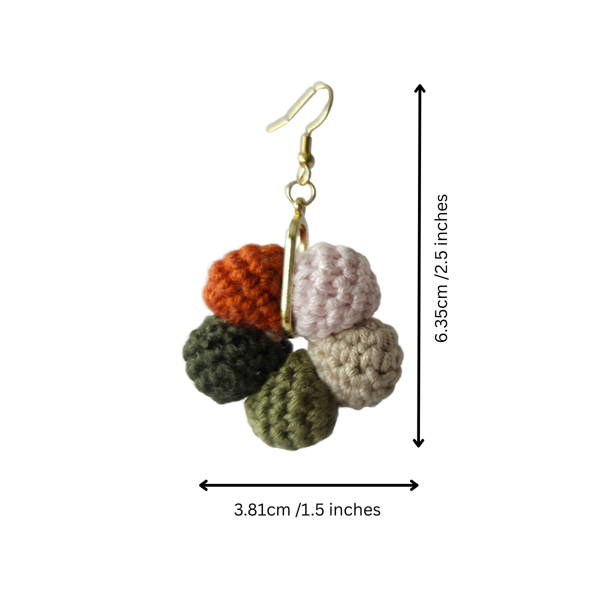 Multicolored crocheted earrings with gold hook on a white background, showing measurements.