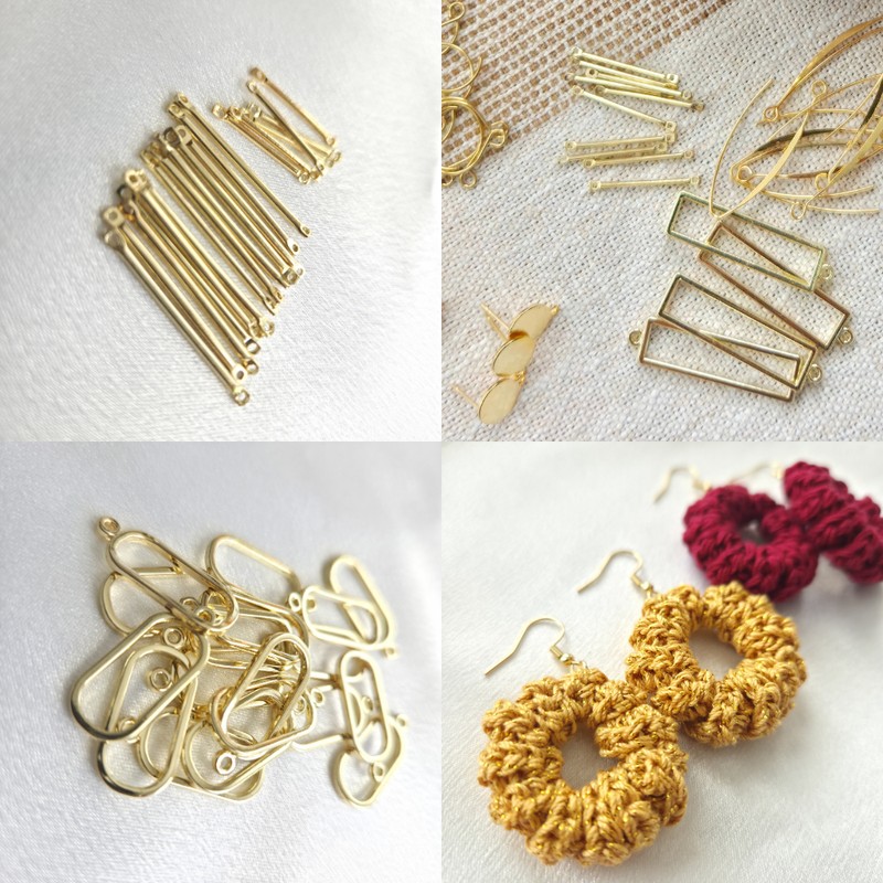 18k Gold plated jewelry components and finished crochet earrings on a white background