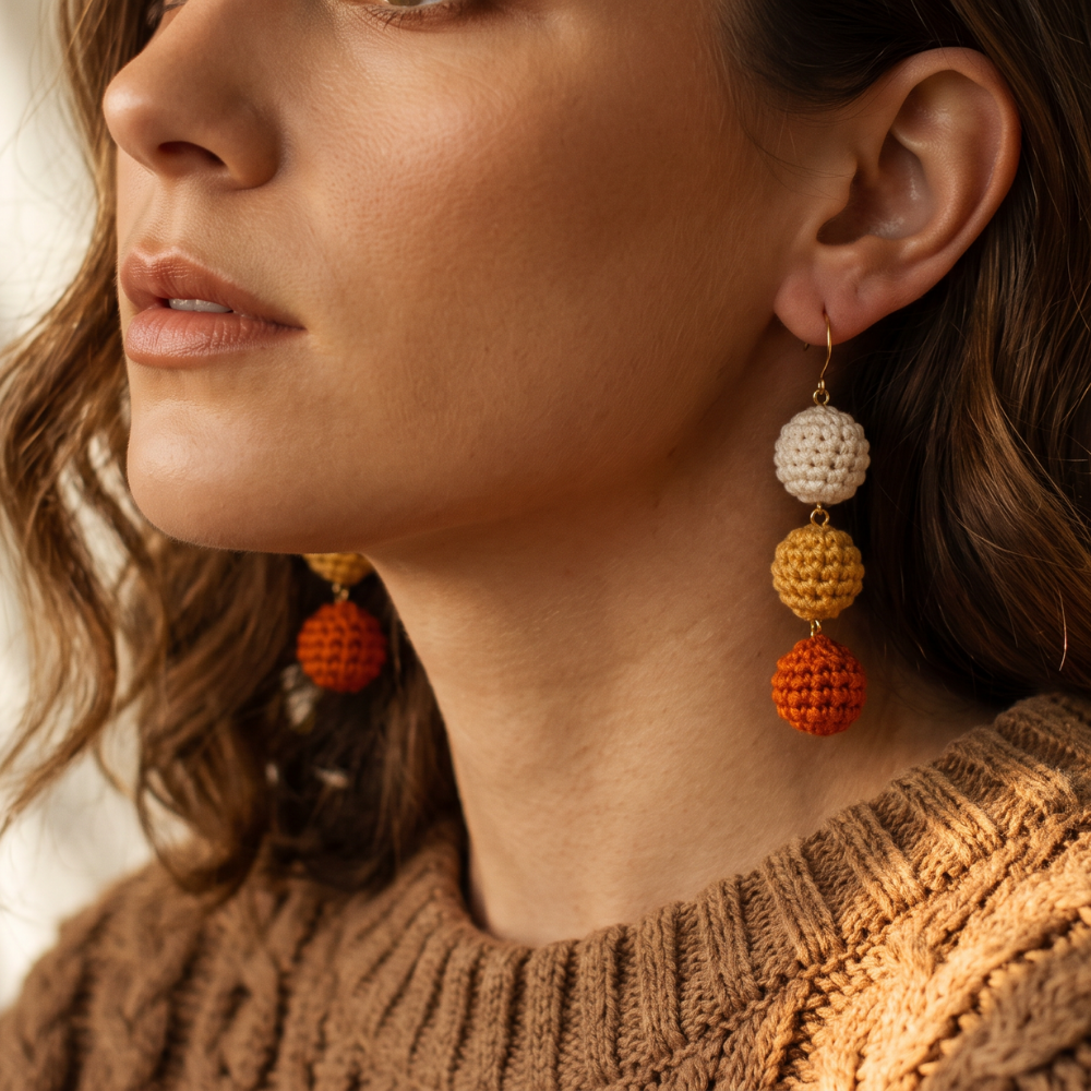 A close-up of a woman wearing a pair of handmade crochet dangle earrings. The earrings feature three stacked textured crochet balls in cream, mustard yellow, and orange, hanging from gold-toned hooks.